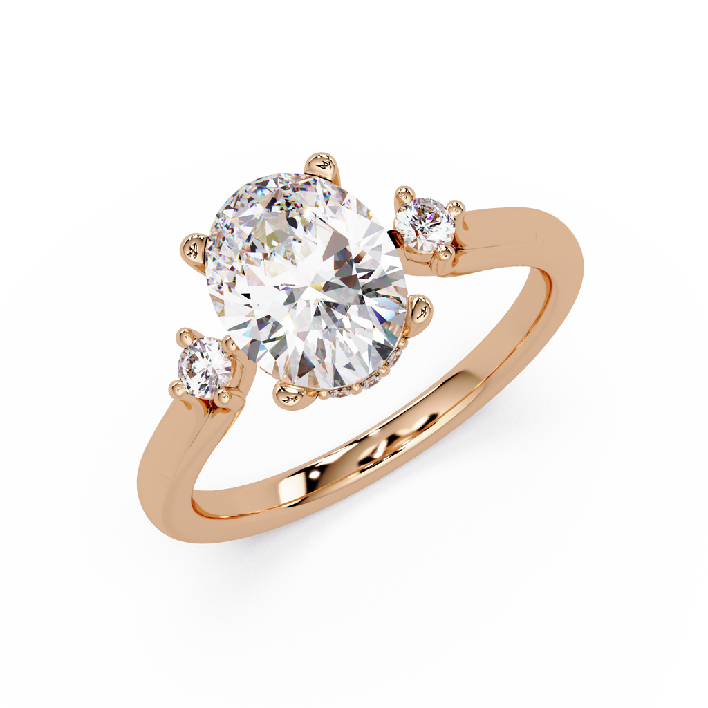 Oval Cut Diamond Three Stone Hidden Halo Engagement Ring