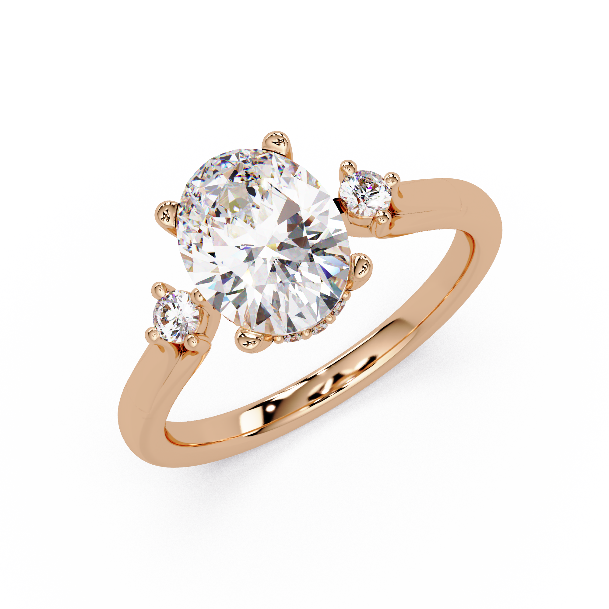 Oval Cut Diamond Three Stone Hidden Halo Engagement Ring