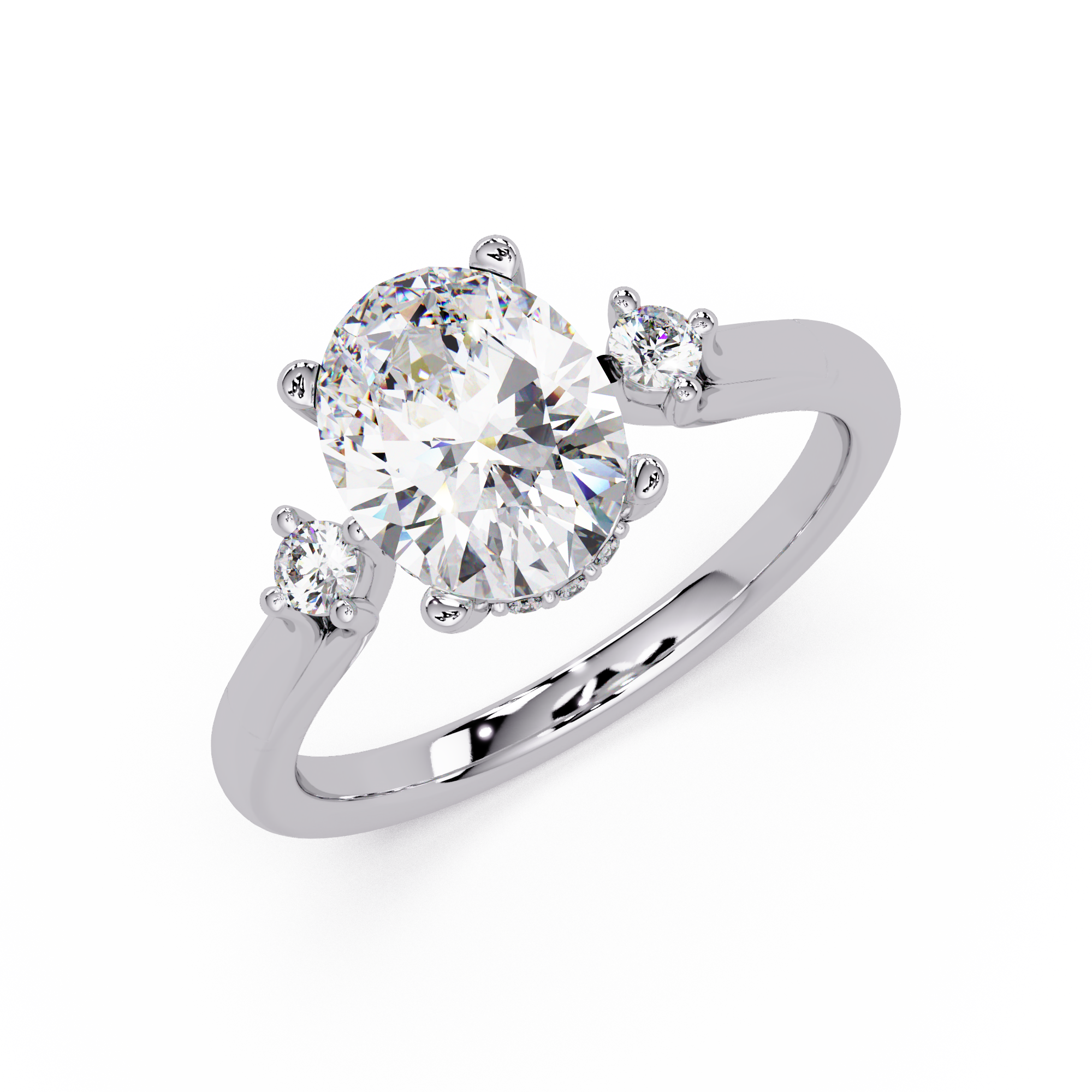 Oval Cut Diamond Three Stone Hidden Halo Engagement Ring