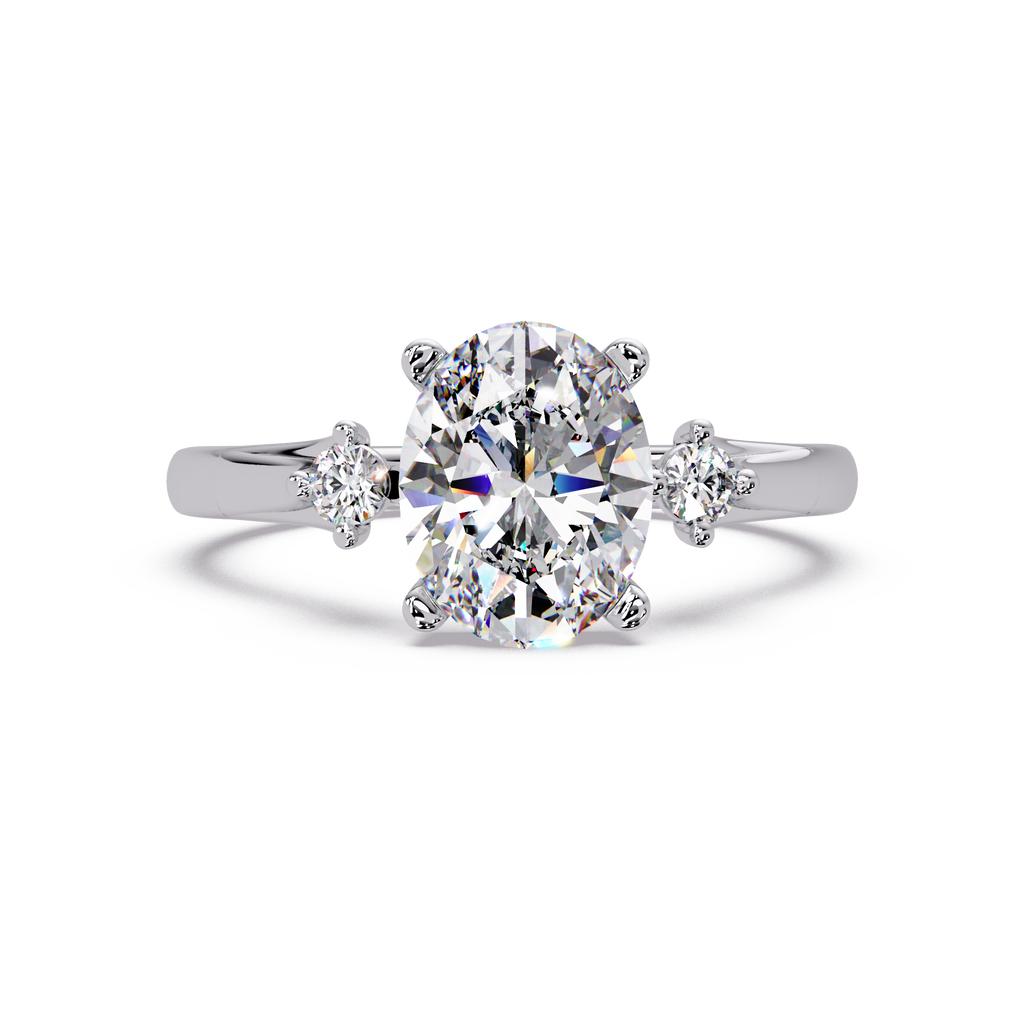 Oval Cut Diamond Three Stone Hidden Halo Engagement Ring