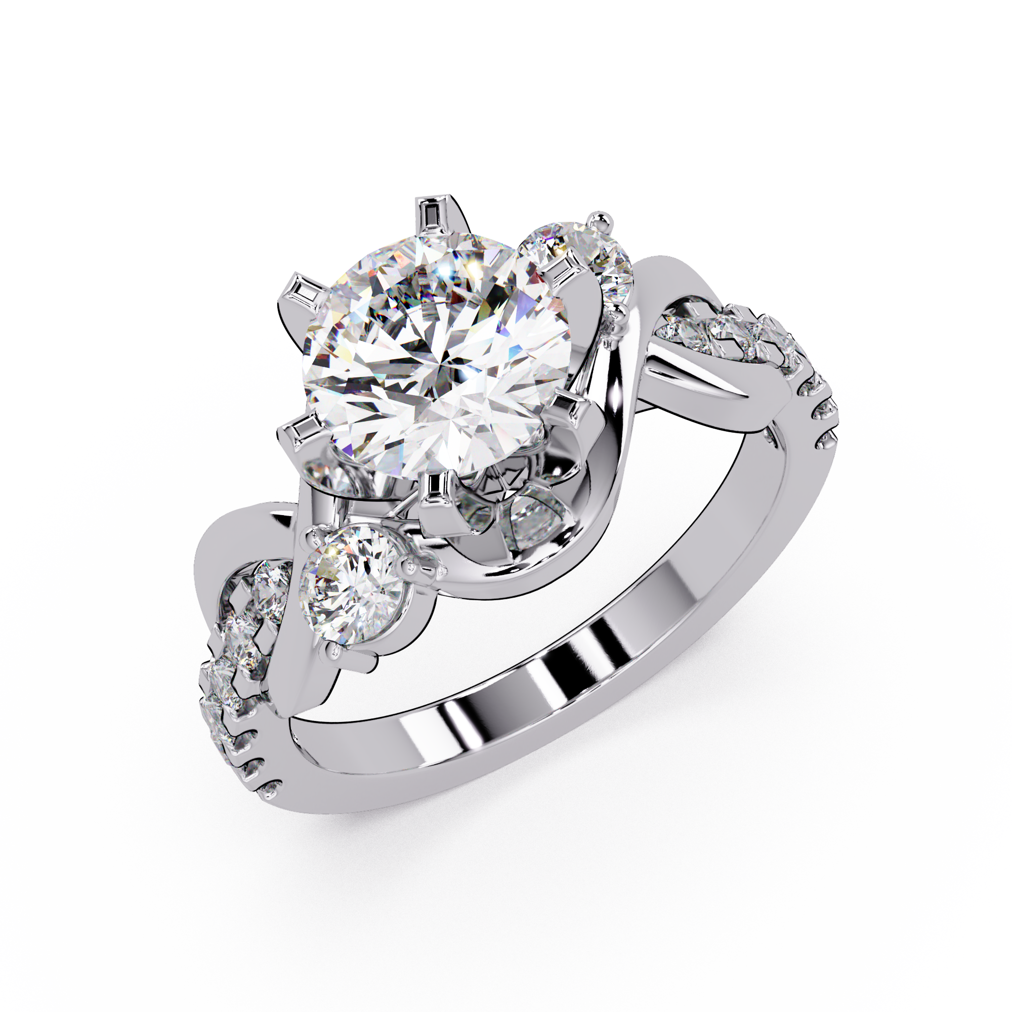 Round Cut Diamond Bypass Three Stone Engagement Ring