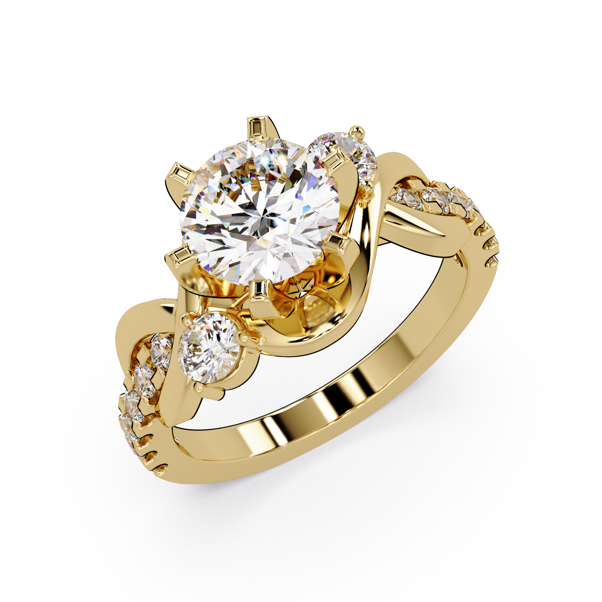 Round Cut Diamond Bypass Three Stone Engagement Ring