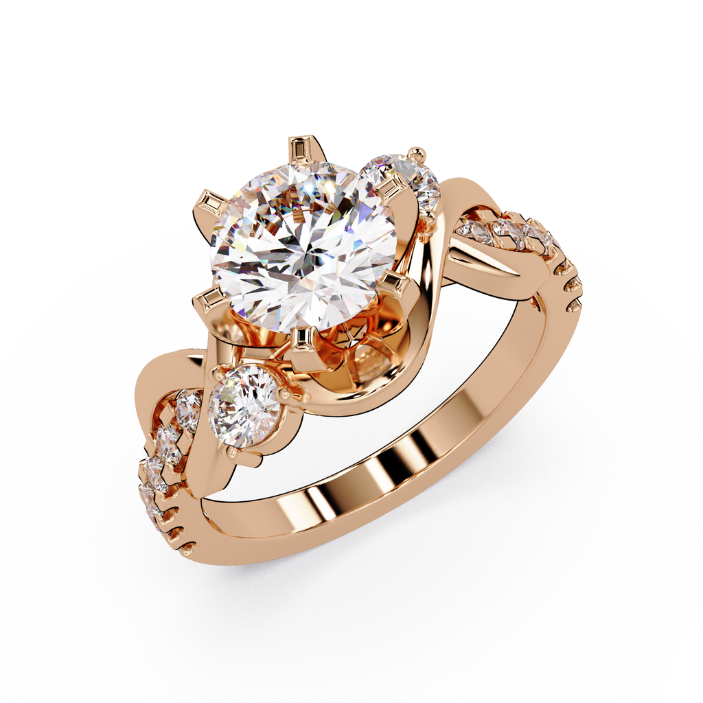 Round Cut Diamond Bypass Three Stone Engagement Ring