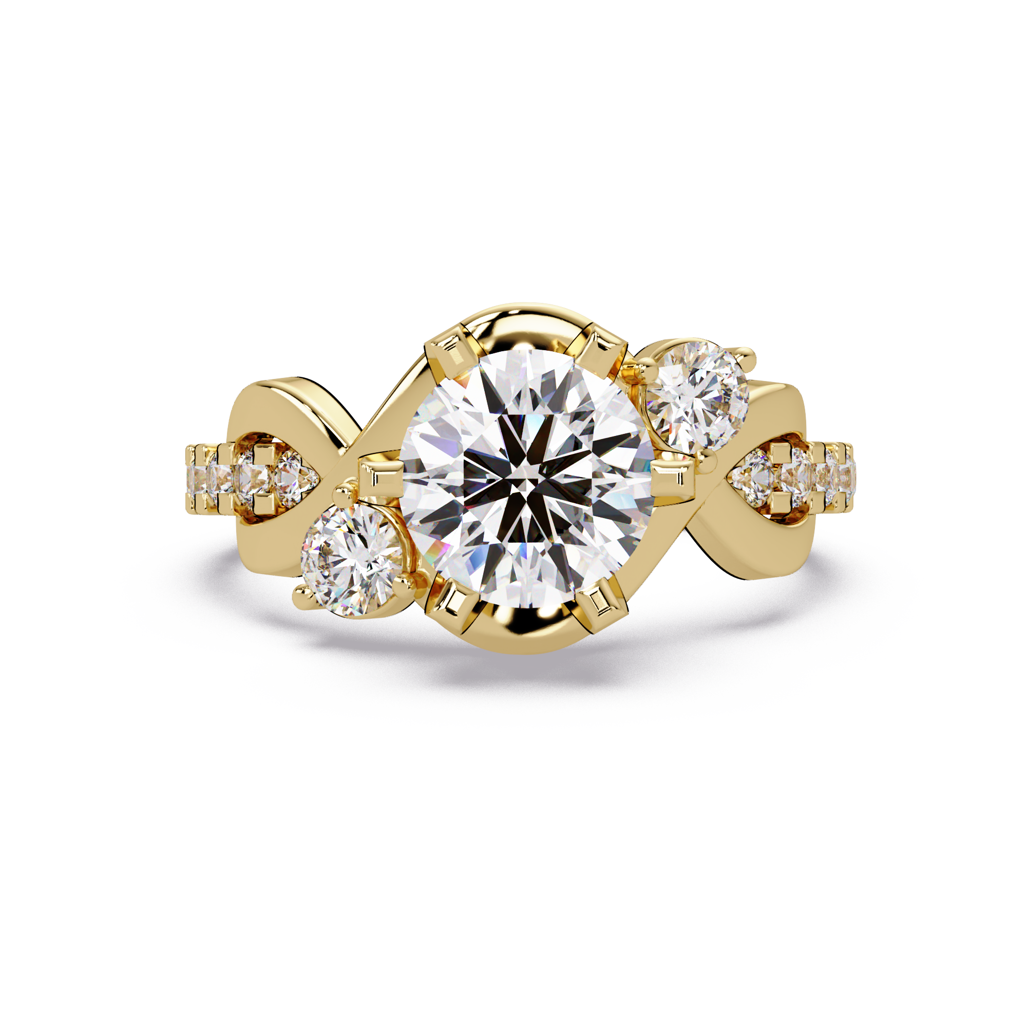 Round Cut Diamond Bypass Three Stone Engagement Ring