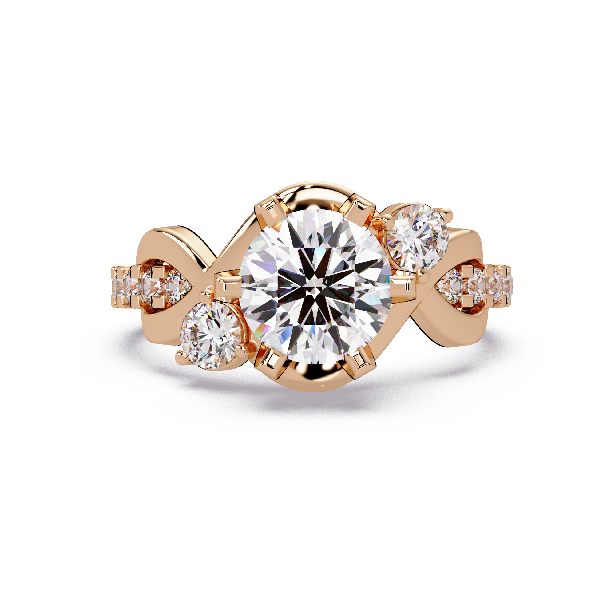 Round Cut Diamond Bypass Three Stone Engagement Ring