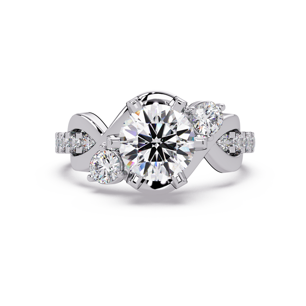 Round Cut Diamond Bypass Three Stone Engagement Ring