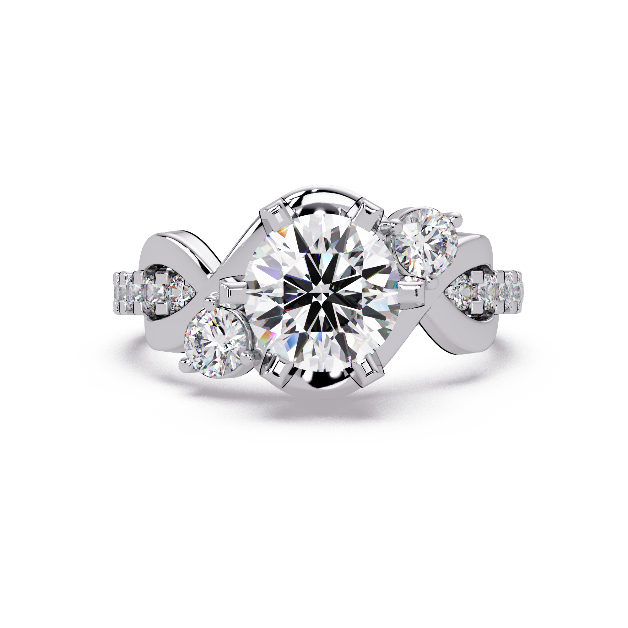 Round Cut Diamond Bypass Three Stone Engagement Ring