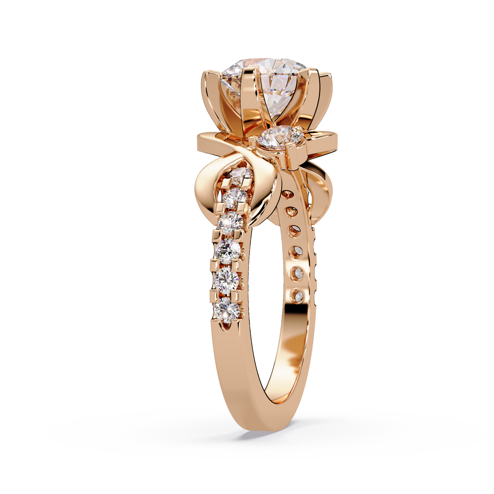 Round Cut Diamond Bypass Three Stone Engagement Ring