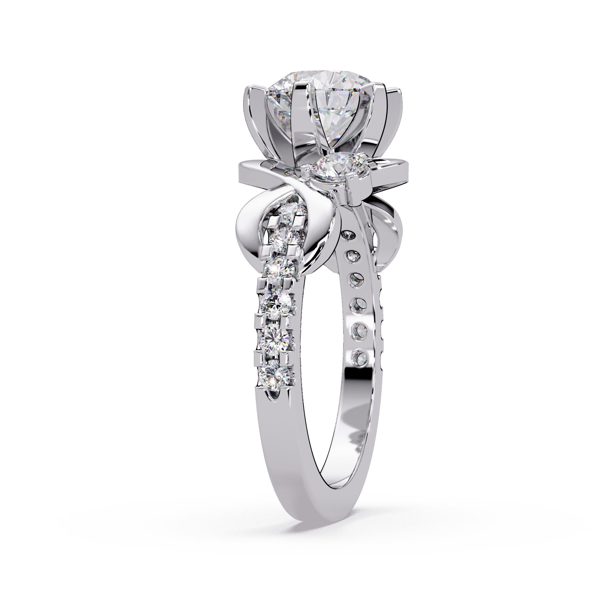 Round Cut Diamond Bypass Three Stone Engagement Ring