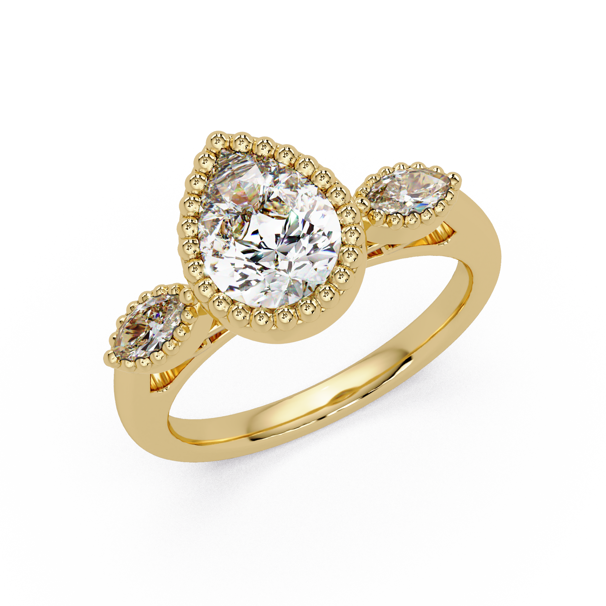 Pear and Marquise Cut Diamond Beaded Halo Ladies Ring
