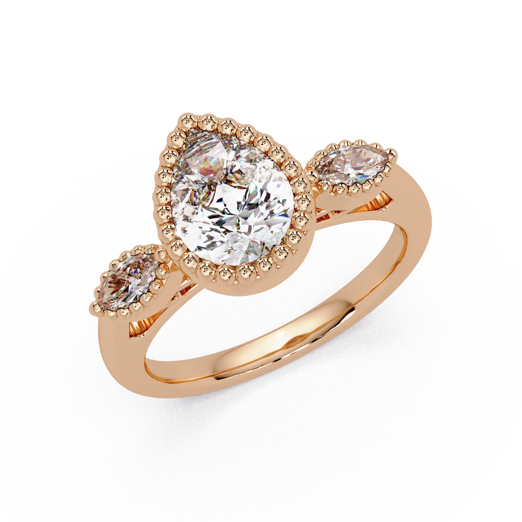 Pear and Marquise Cut Diamond Beaded Halo Ladies Ring