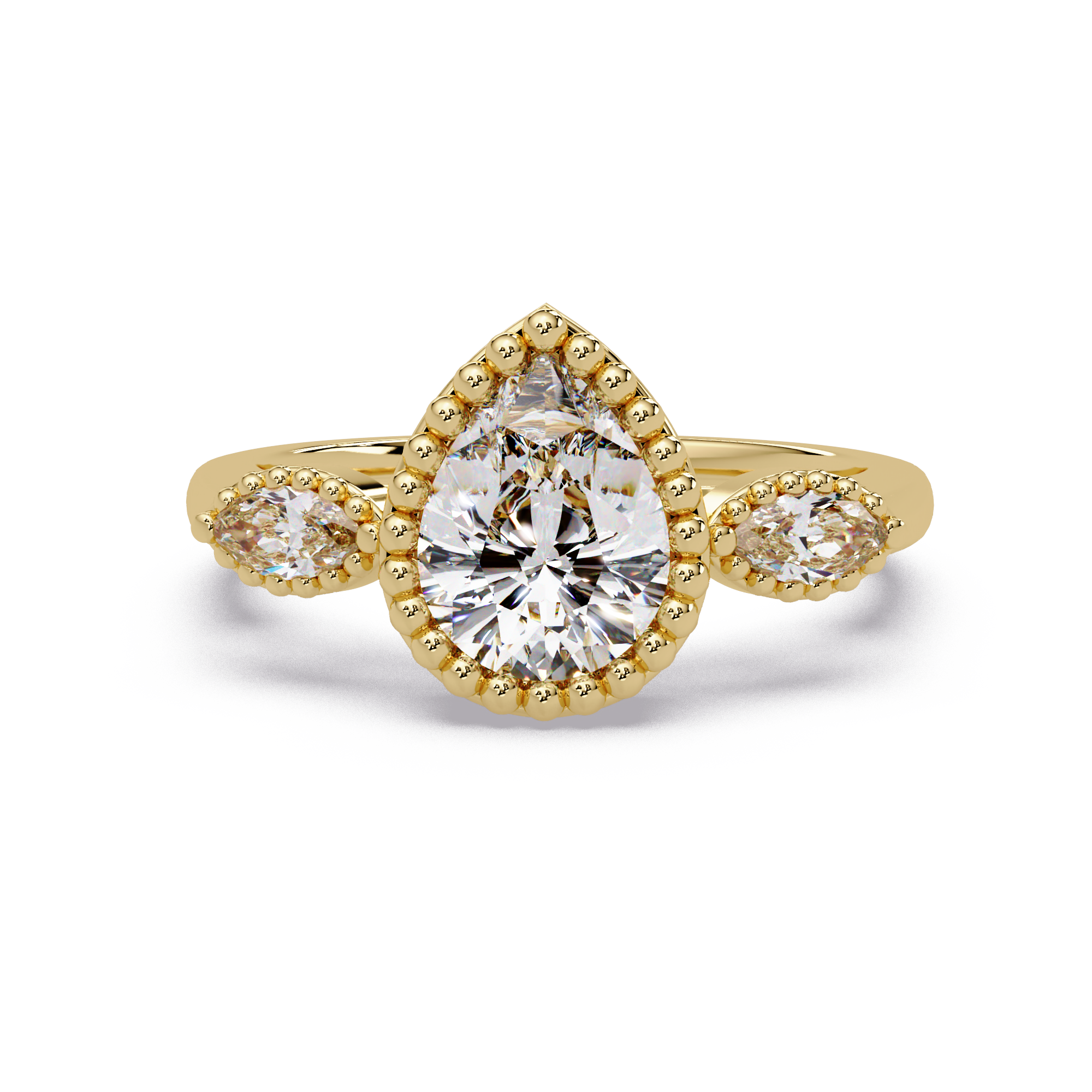 Pear and Marquise Cut Diamond Beaded Halo Ladies Ring