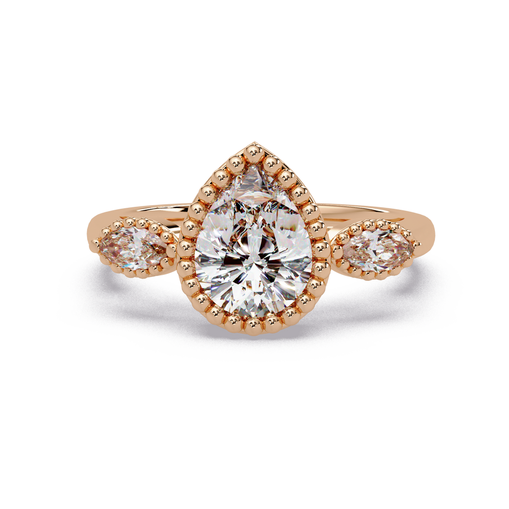 Pear and Marquise Cut Diamond Beaded Halo Ladies Ring