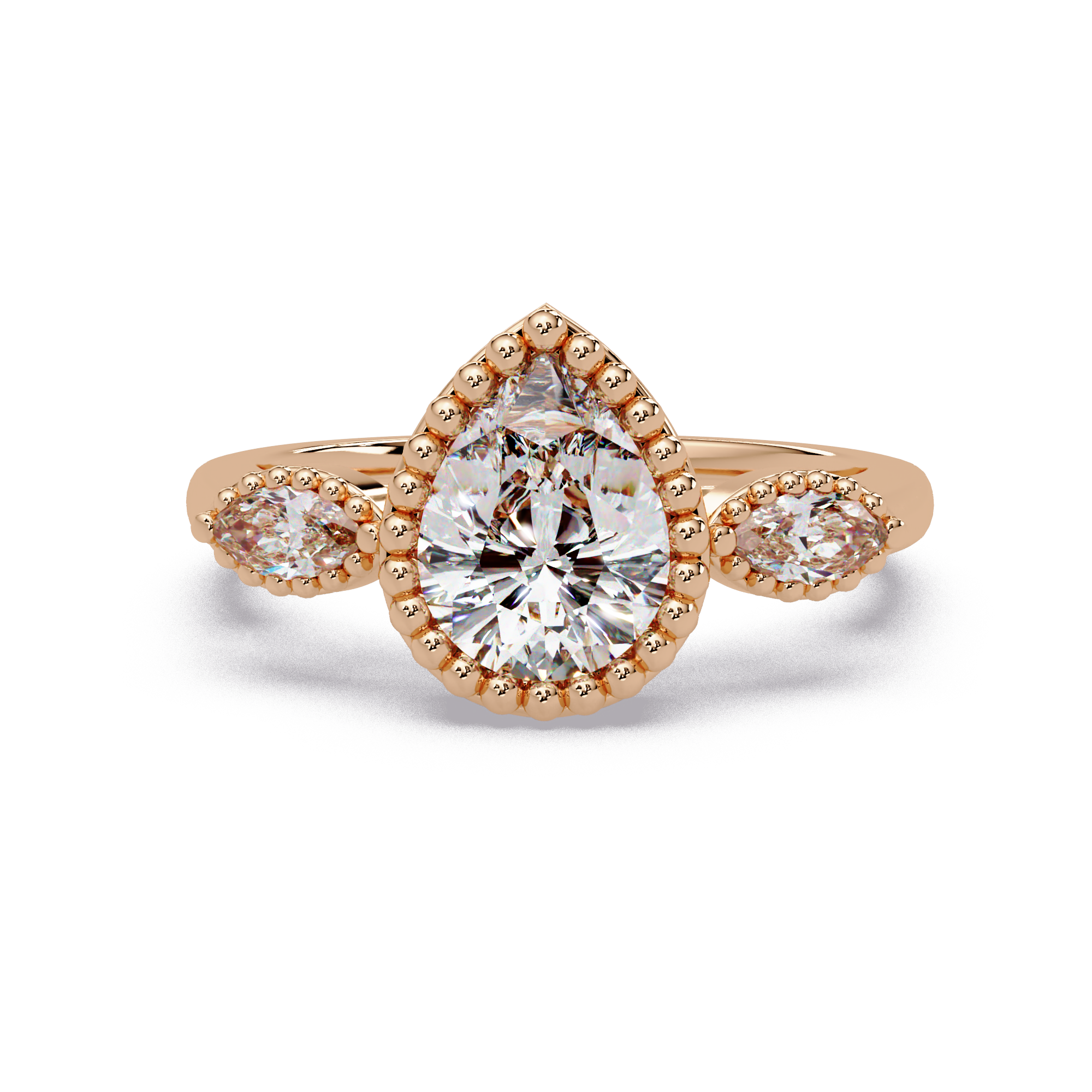 Pear and Marquise Cut Diamond Beaded Halo Ladies Ring