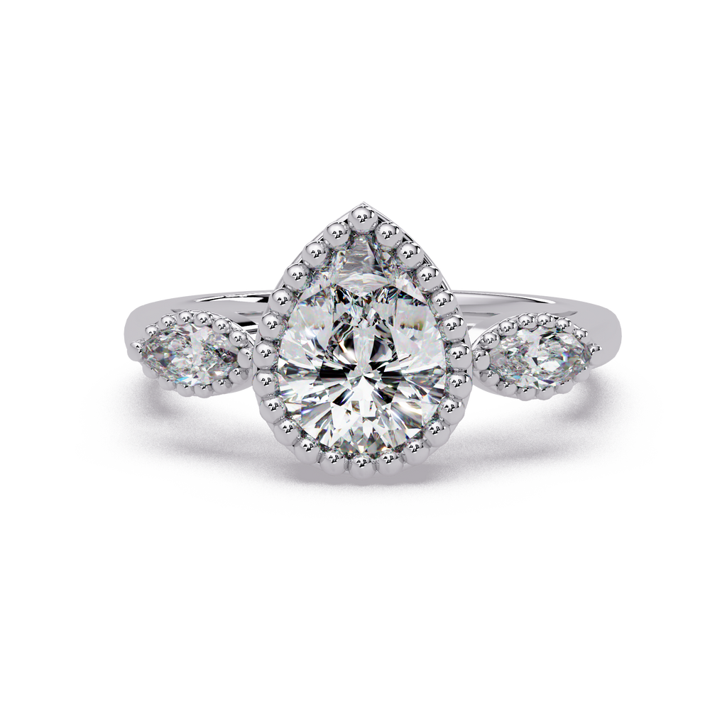 Pear and Marquise Cut Diamond Beaded Halo Ladies Ring