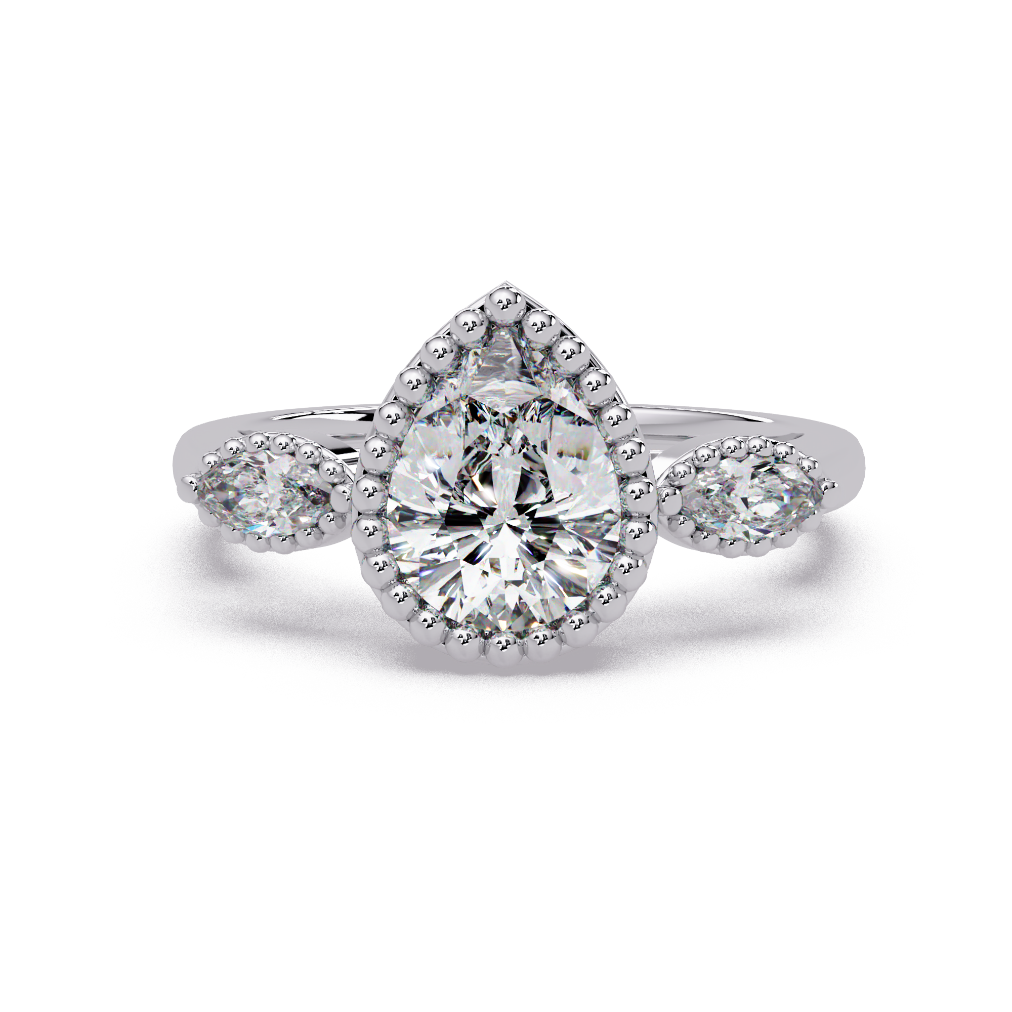 Pear and Marquise Cut Diamond Beaded Halo Ladies Ring