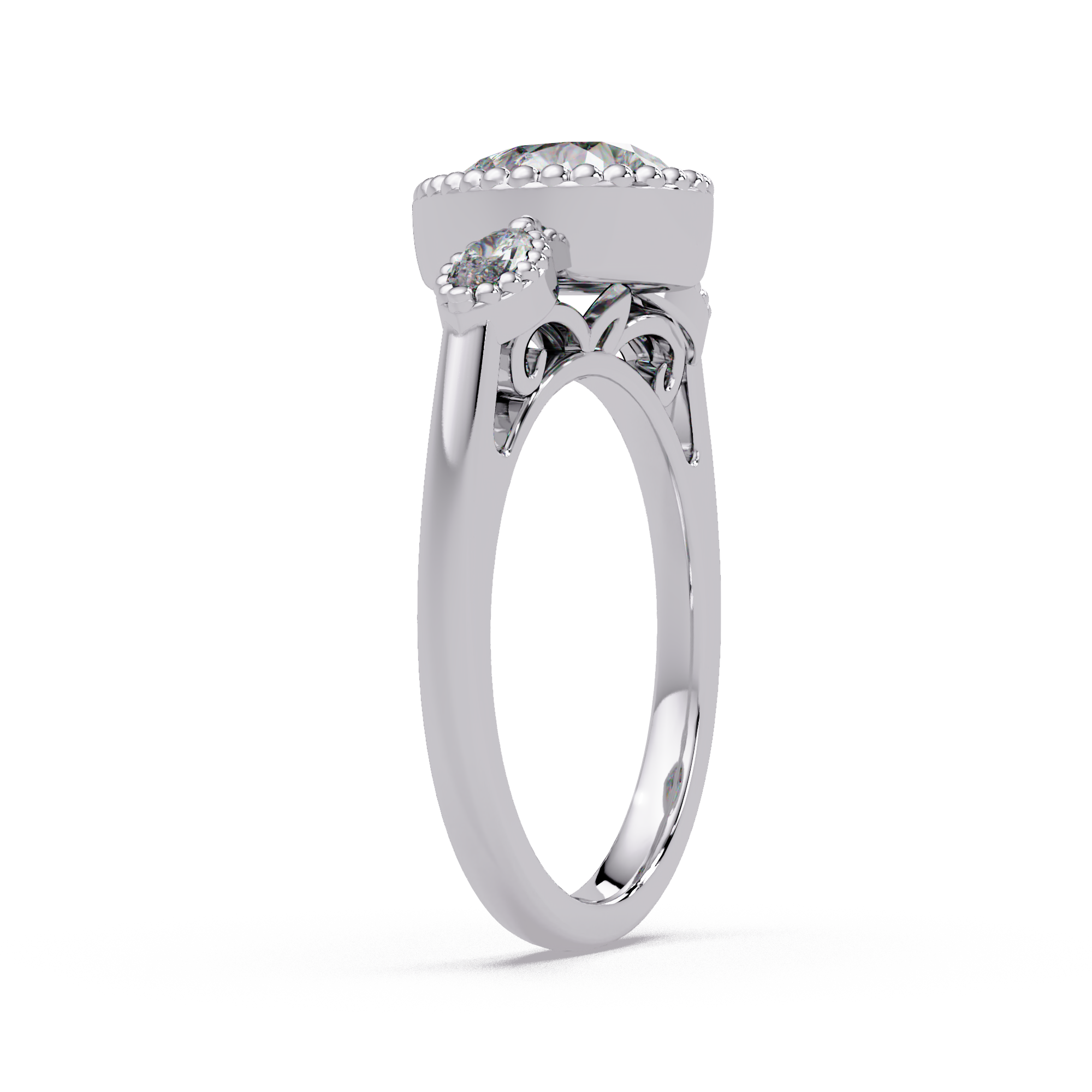 Pear and Marquise Cut Diamond Beaded Halo Ladies Ring