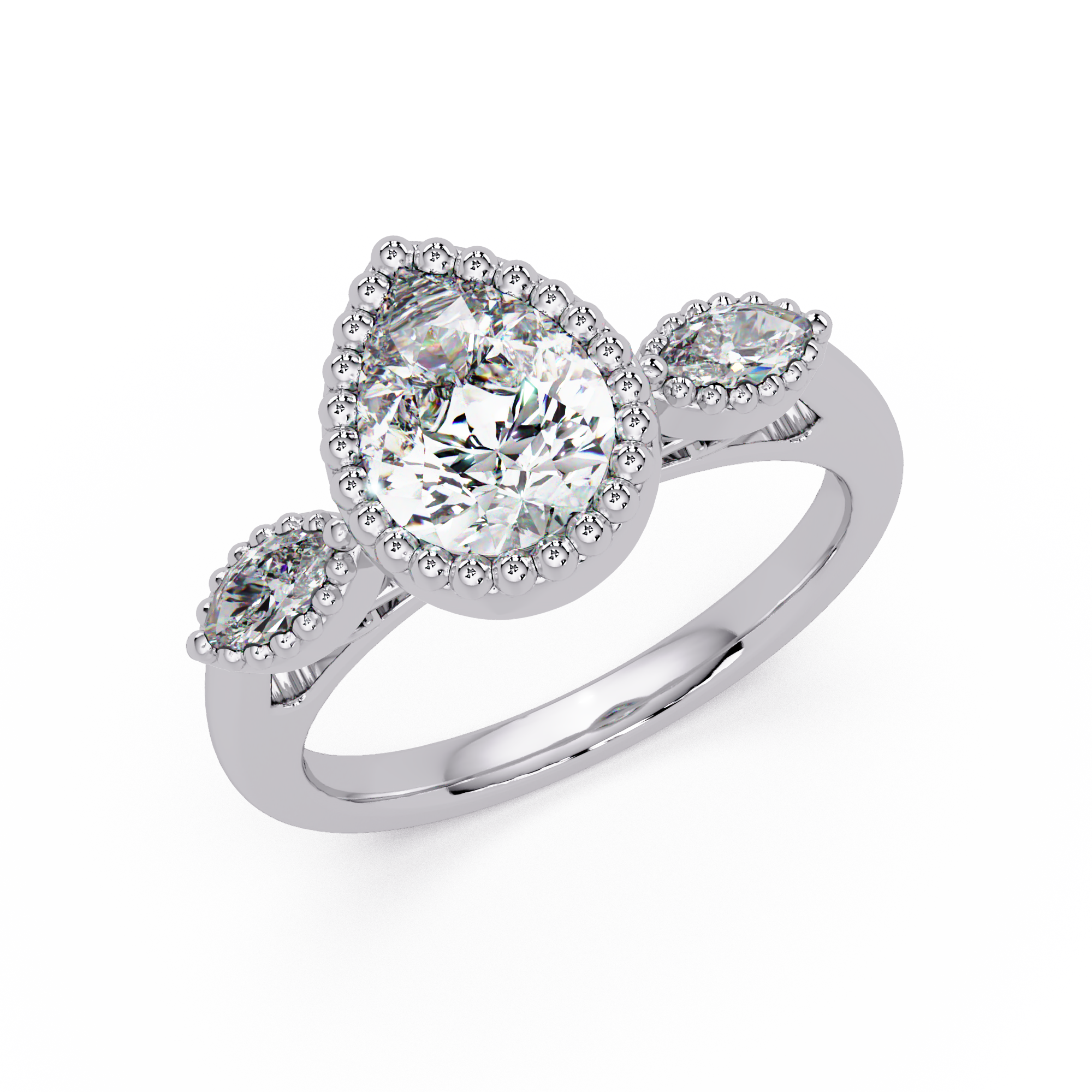 Pear and Marquise Cut Diamond Beaded Halo Ladies Ring
