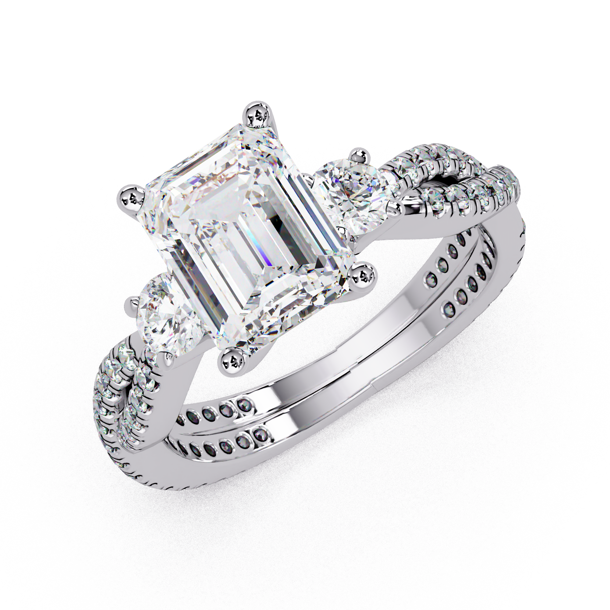 Emerald Cut Diamond Three Stone Twisted Pave Ladies Ring