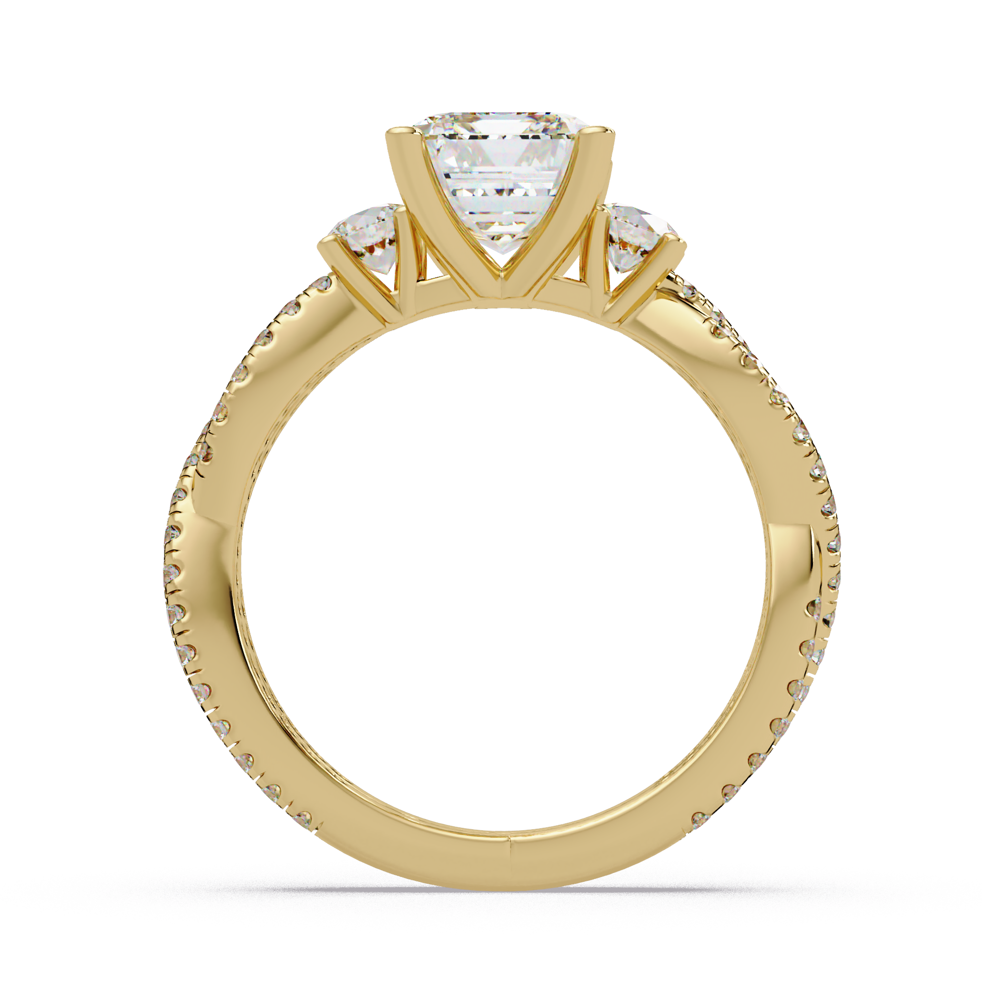 Emerald Cut Diamond Three Stone Twisted Pave Ladies Ring