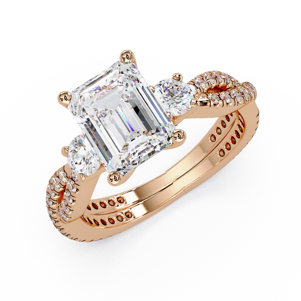 Emerald Cut Diamond Three Stone Twisted Pave Ladies Ring