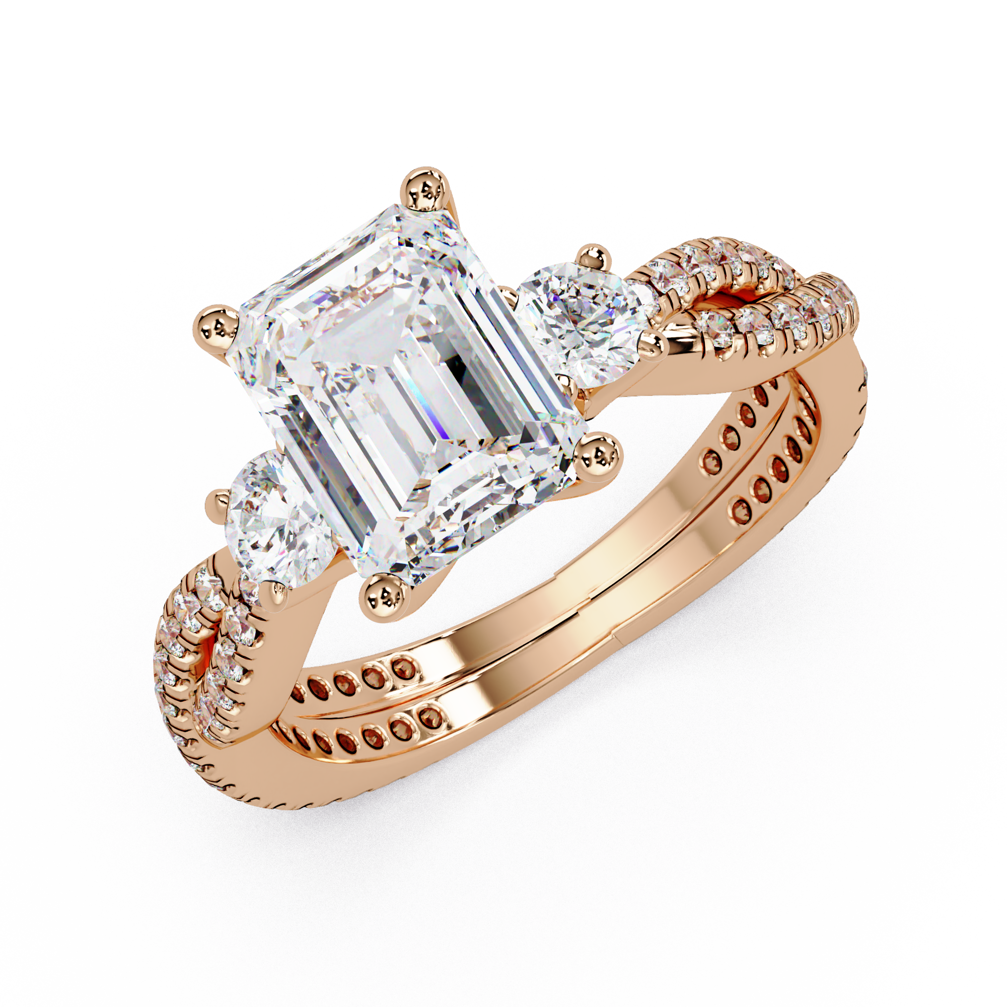 Emerald Cut Diamond Three Stone Twisted Pave Ladies Ring