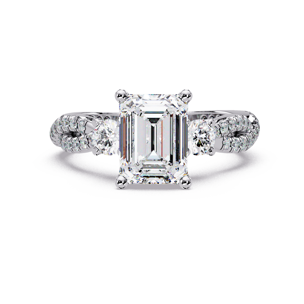 Emerald Cut Diamond Three Stone Twisted Pave Ladies Ring