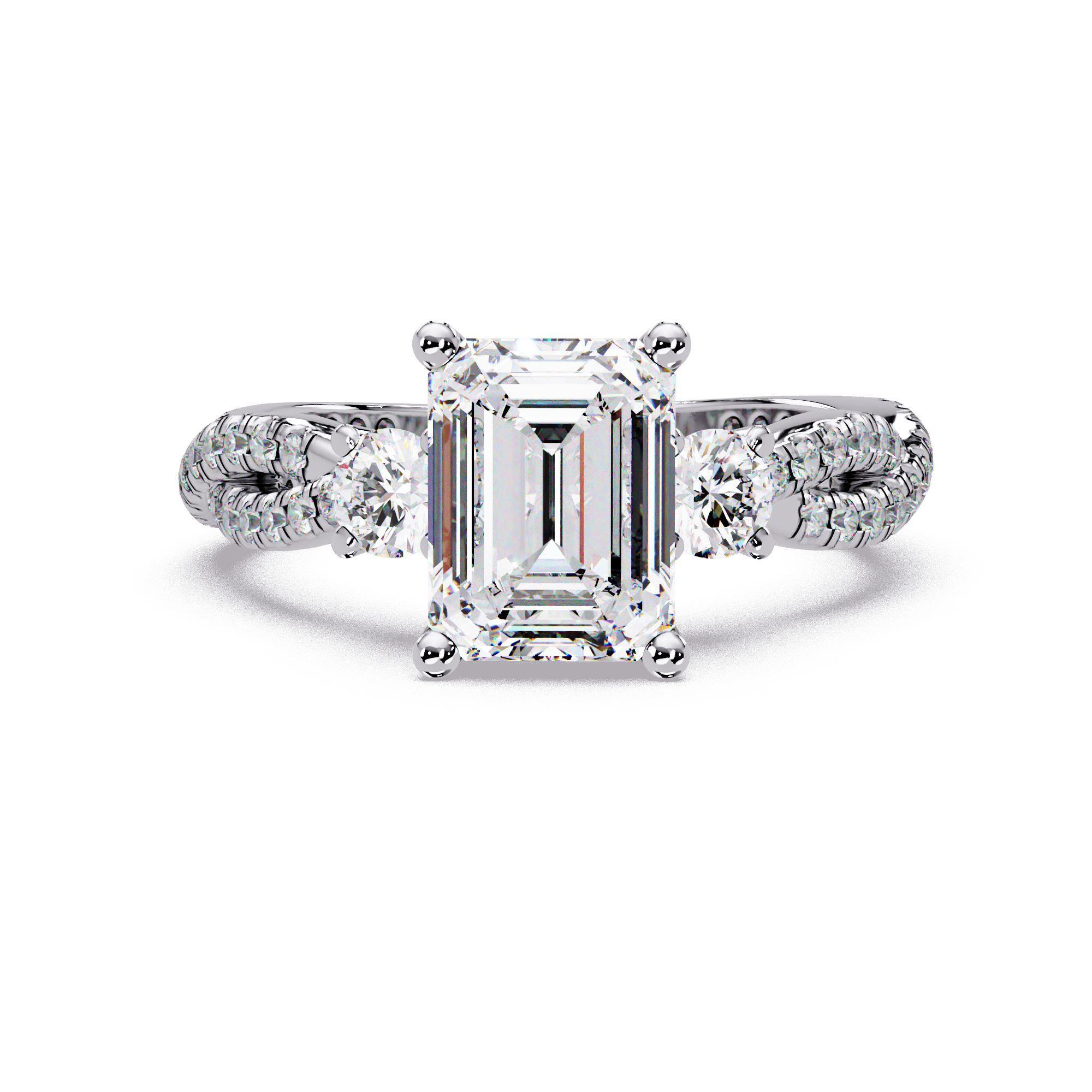 Emerald Cut Diamond Three Stone Twisted Pave Ladies Ring