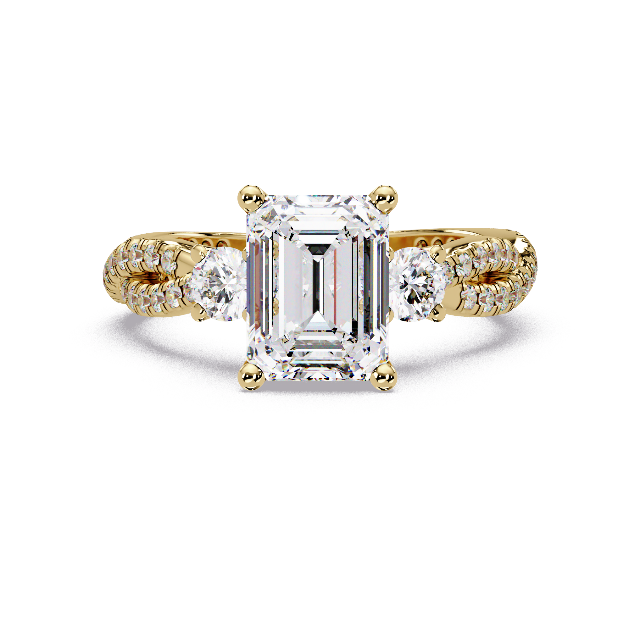 Emerald Cut Diamond Three Stone Twisted Pave Ladies Ring