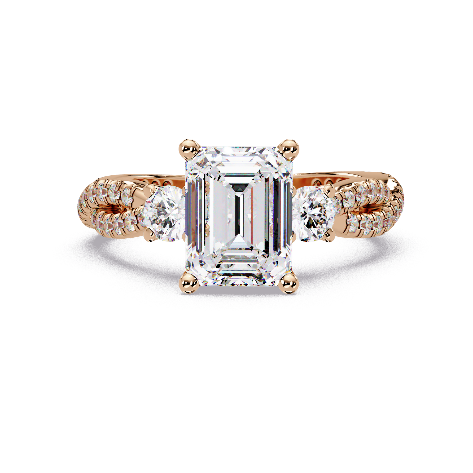 Emerald Cut Diamond Three Stone Twisted Pave Ladies Ring