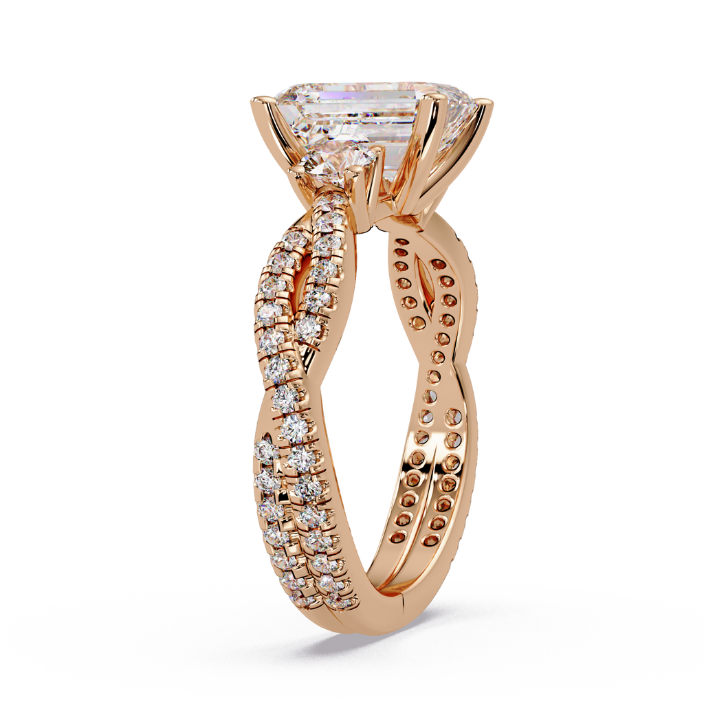 Emerald Cut Diamond Three Stone Twisted Pave Ladies Ring
