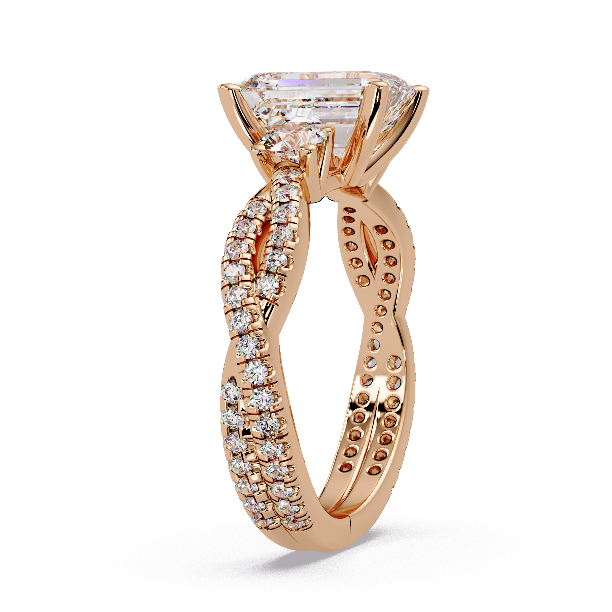 Emerald Cut Diamond Three Stone Twisted Pave Ladies Ring