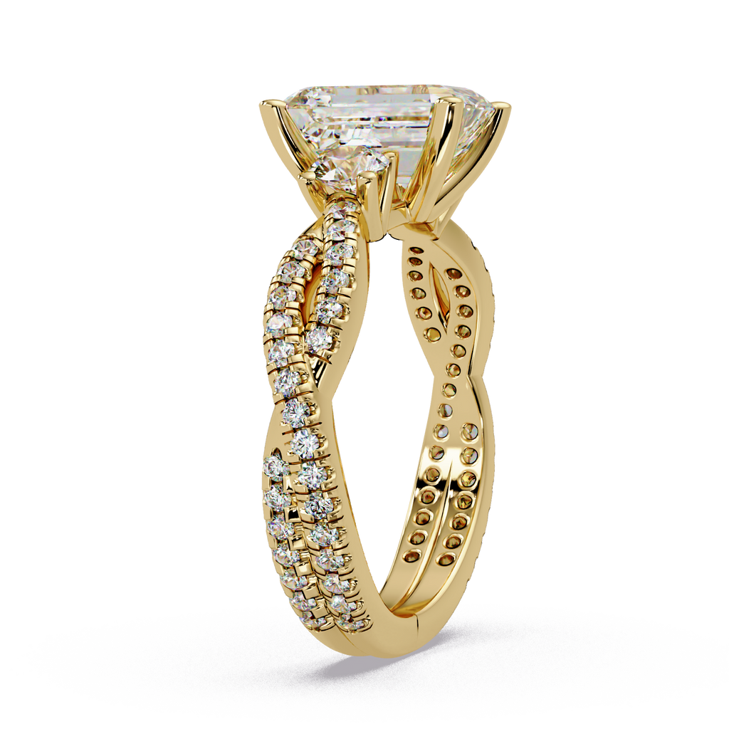 Emerald Cut Diamond Three Stone Twisted Pave Ladies Ring