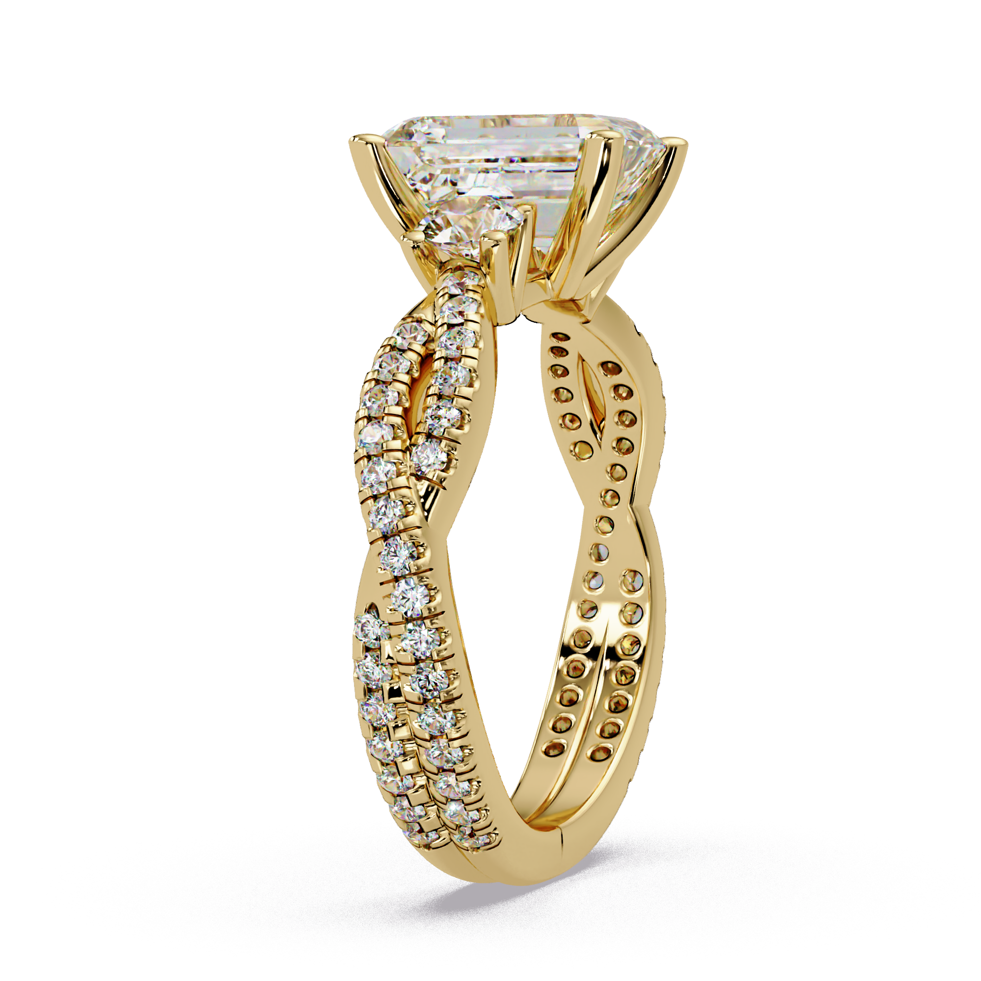 Emerald Cut Diamond Three Stone Twisted Pave Ladies Ring