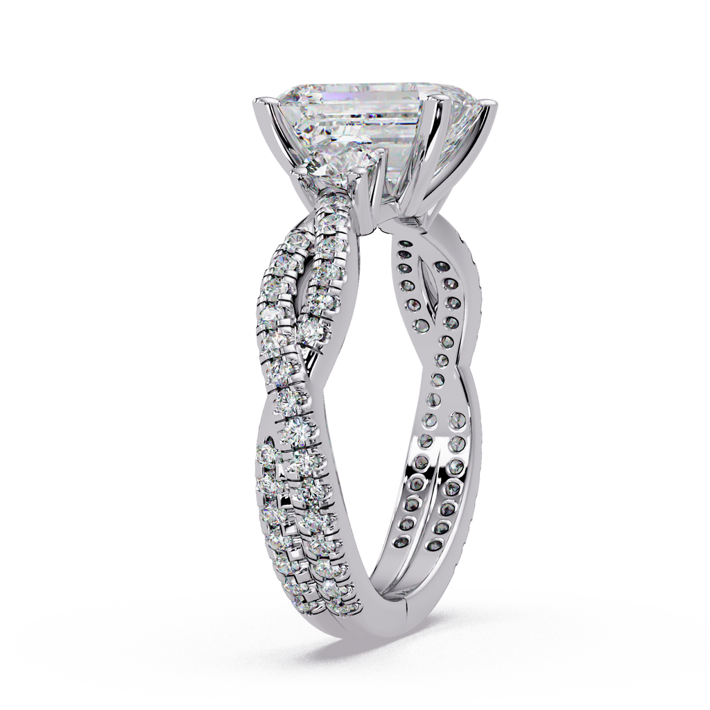 Emerald Cut Diamond Three Stone Twisted Pave Ladies Ring