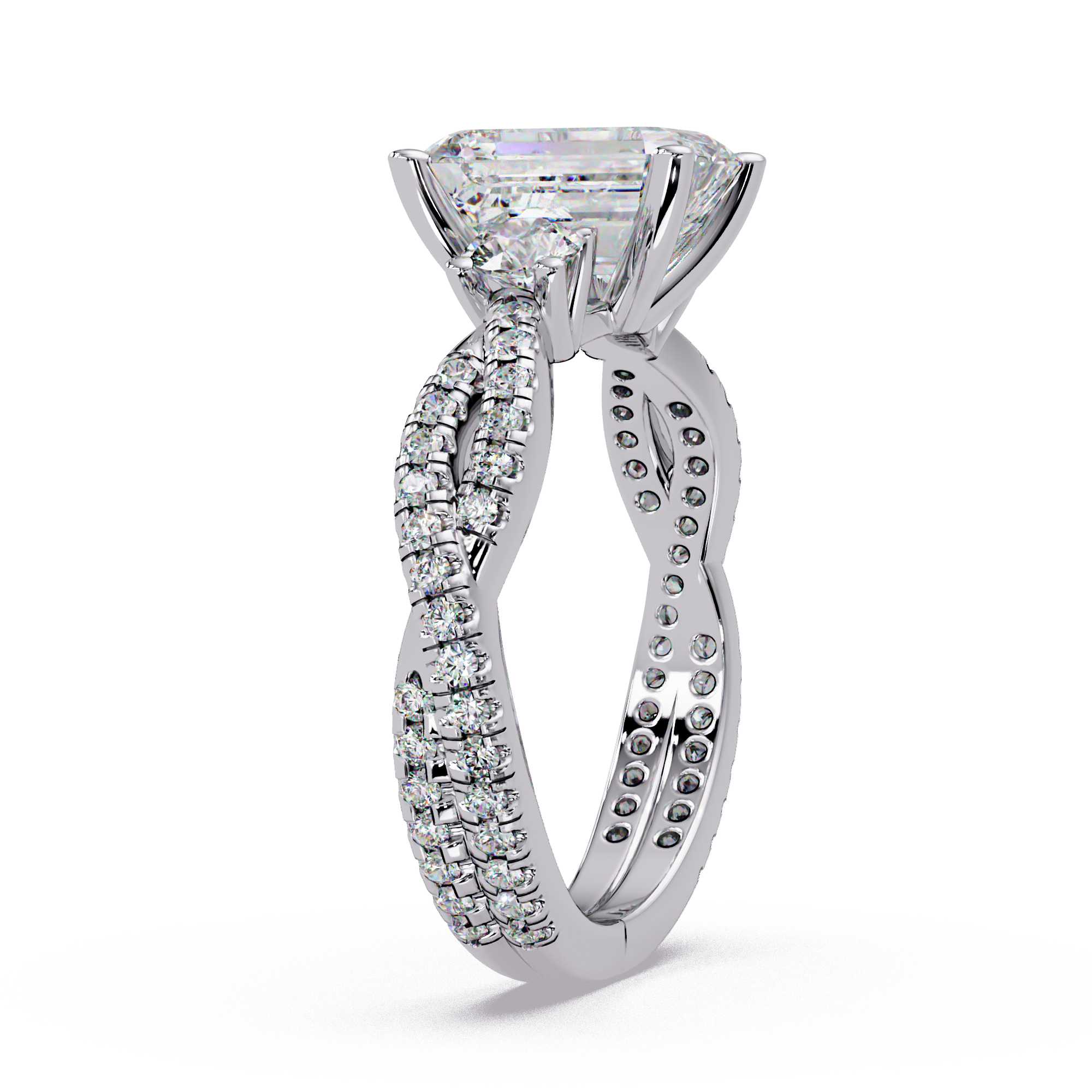Emerald Cut Diamond Three Stone Twisted Pave Ladies Ring