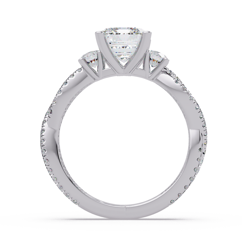 Emerald Cut Diamond Three Stone Twisted Pave Ladies Ring