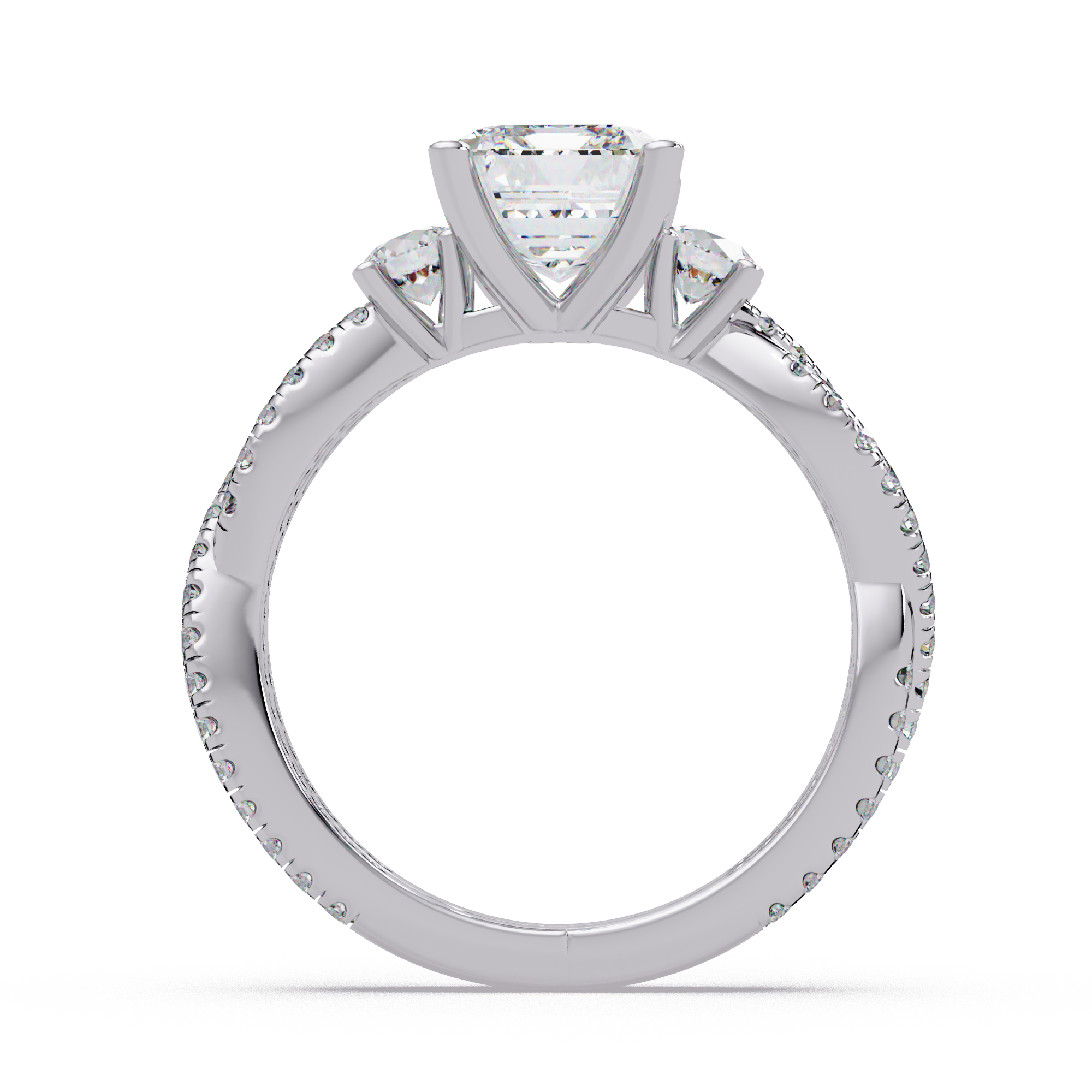 Emerald Cut Diamond Three Stone Twisted Pave Ladies Ring