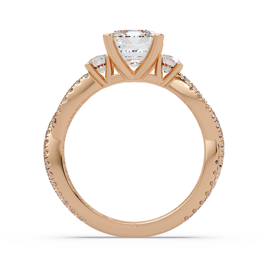 Emerald Cut Diamond Three Stone Twisted Pave Ladies Ring