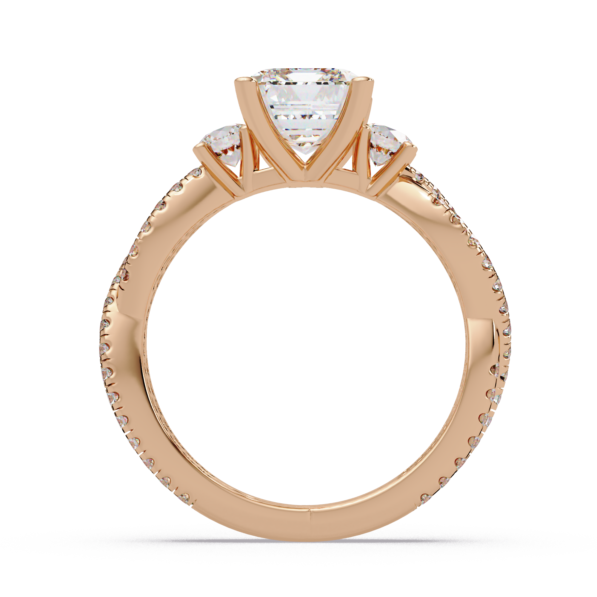 Emerald Cut Diamond Three Stone Twisted Pave Ladies Ring
