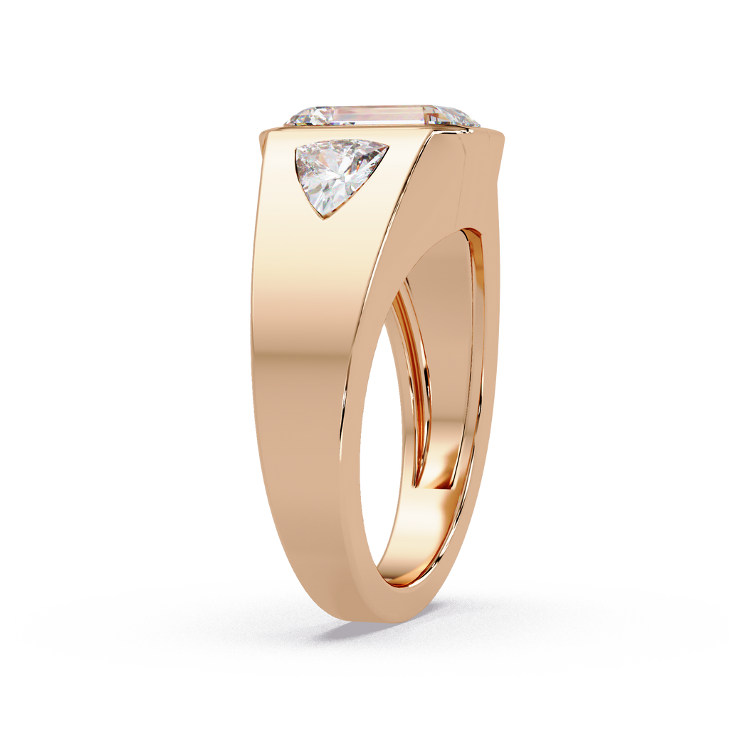 Emerald and Curved Trillion Cut Diamond Bezel Set Three Stone Ladies Ring