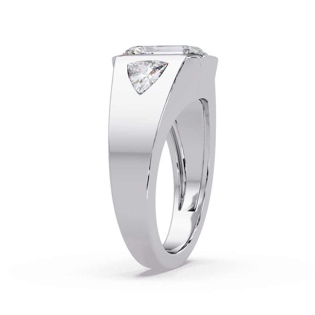 Emerald and Curved Trillion Cut Diamond Bezel Set Three Stone Ladies Ring