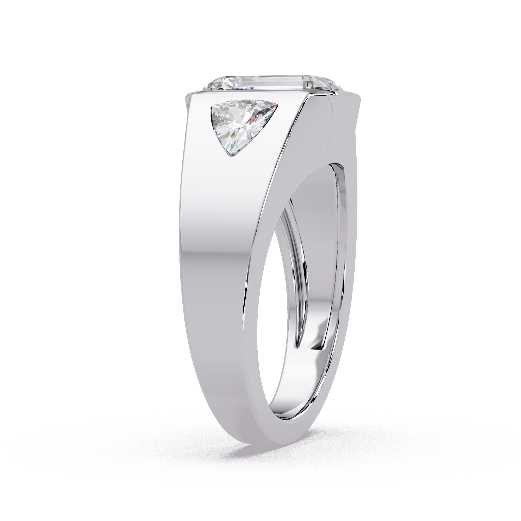 Emerald and Curved Trillion Cut Diamond Bezel Set Three Stone Ladies Ring
