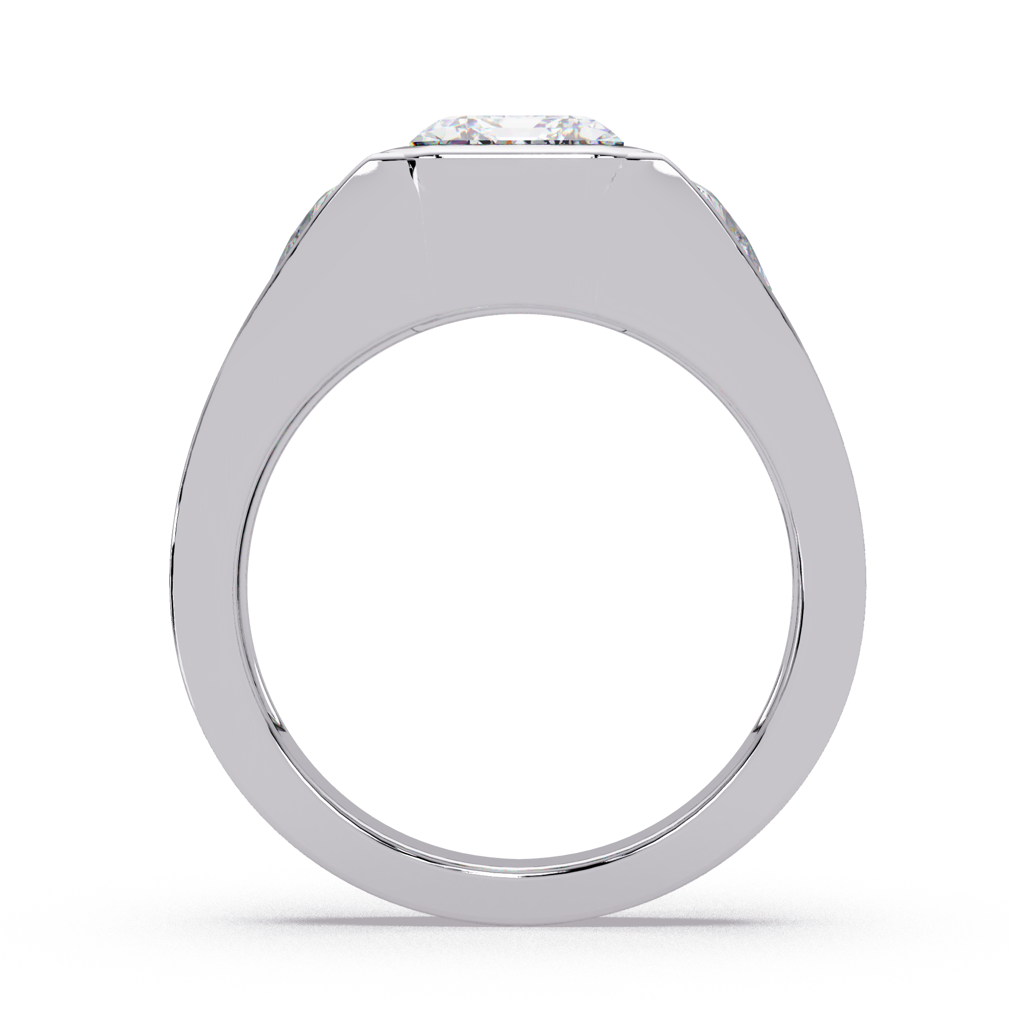 Emerald and Curved Trillion Cut Diamond Bezel Set Three Stone Ladies Ring