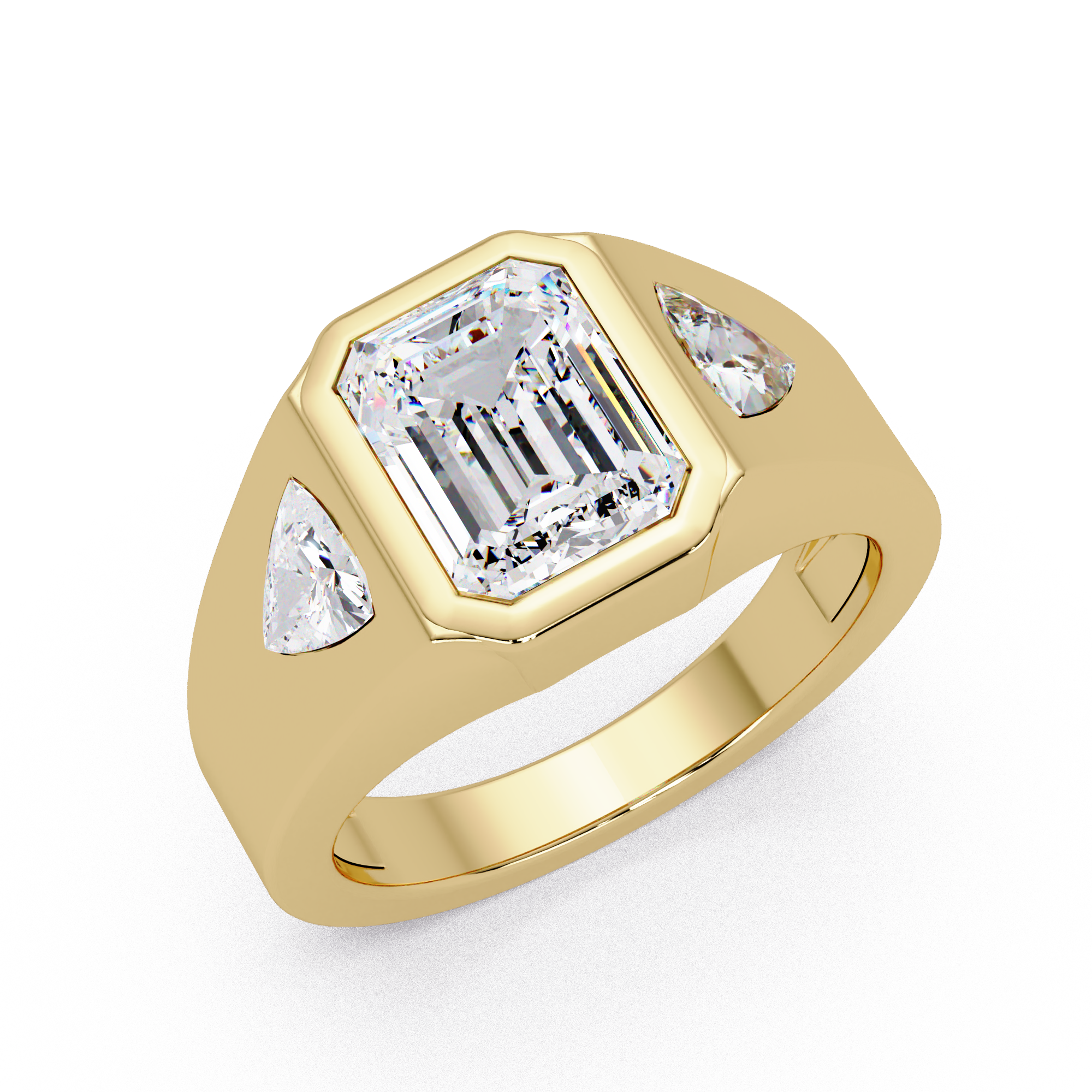 Emerald and Curved Trillion Cut Diamond Bezel Set Three Stone Ladies Ring