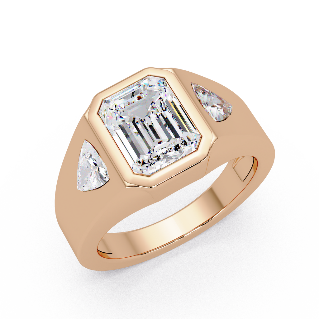 Emerald and Curved Trillion Cut Diamond Bezel Set Three Stone Ladies Ring