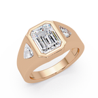 Emerald and Curved Trillion Cut Diamond Bezel Set Three Stone Ladies Ring