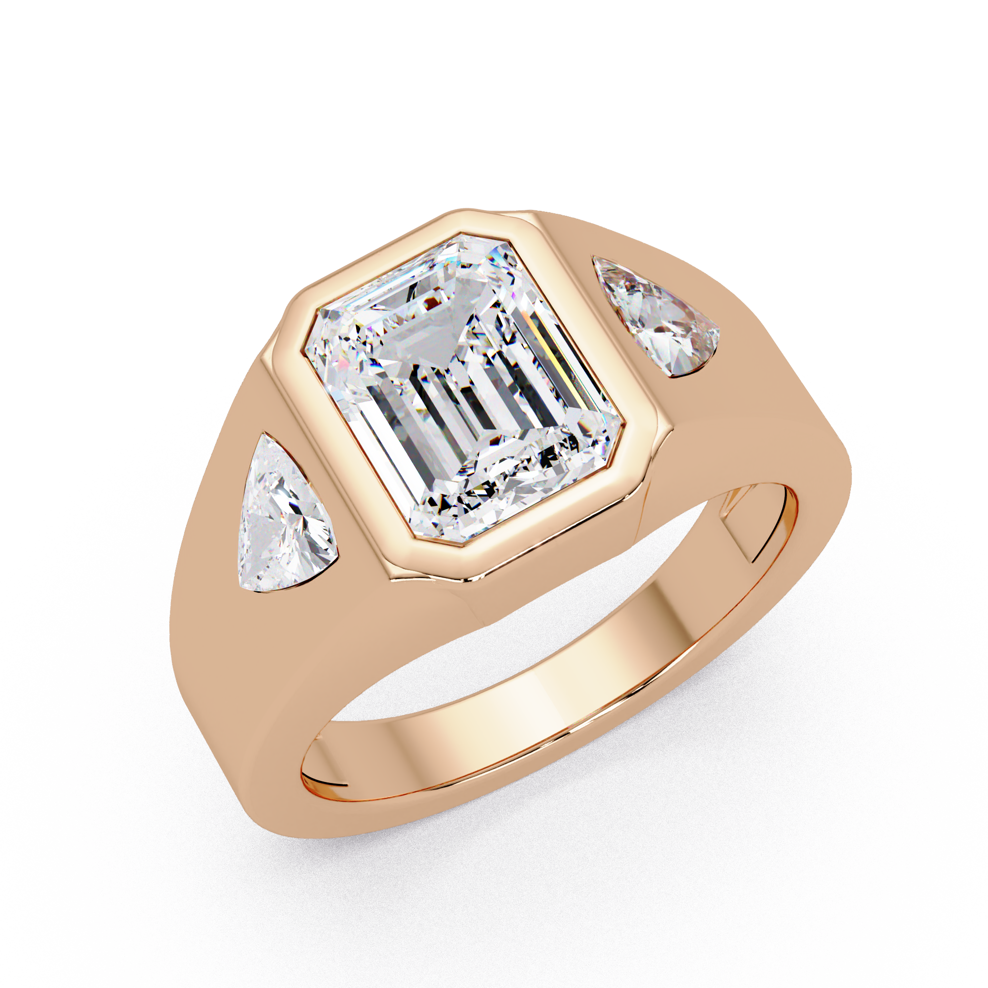 Emerald and Curved Trillion Cut Diamond Bezel Set Three Stone Ladies Ring