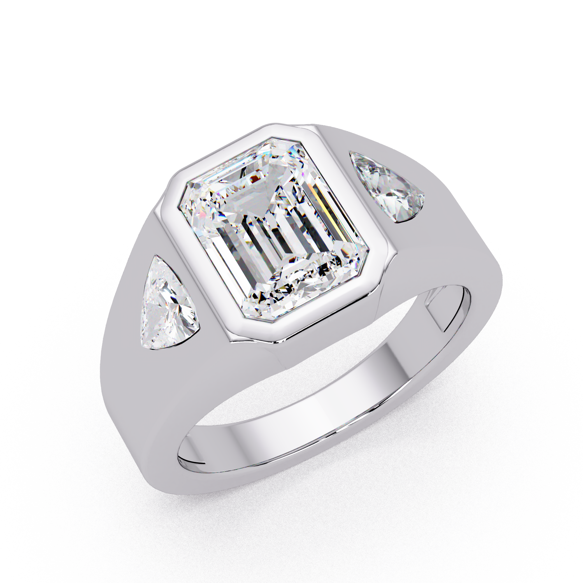 Emerald and Curved Trillion Cut Diamond Bezel Set Three Stone Ladies Ring