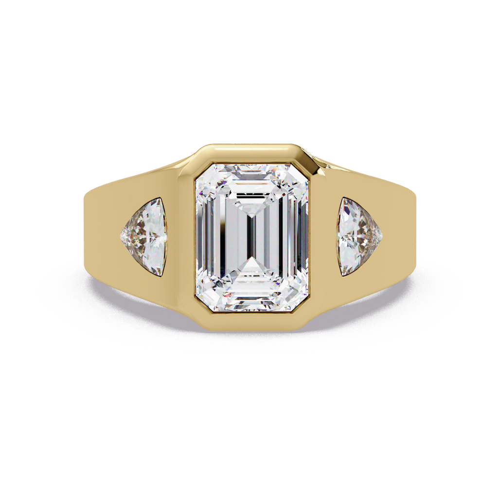 Emerald and Curved Trillion Cut Diamond Bezel Set Three Stone Ladies Ring
